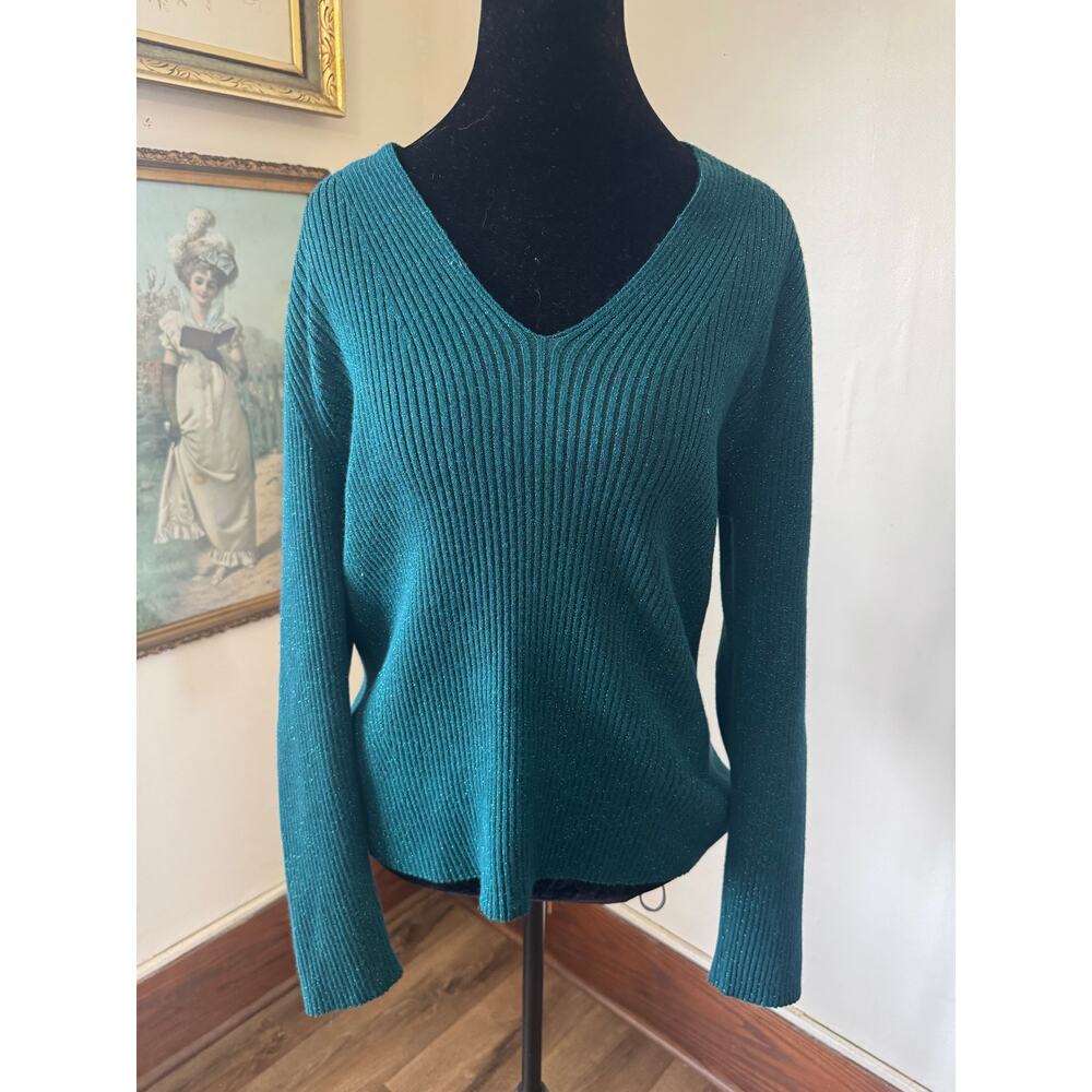 Nine West Teal Metallic Ribbed Sweater XXL V Neck Long Sleeve - Picture 1 of 12